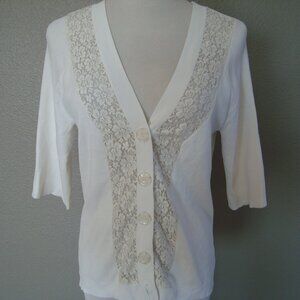 Spence 3/4 Sleeve Cardigan Sweater Button Down Lace V-Neck White sz M